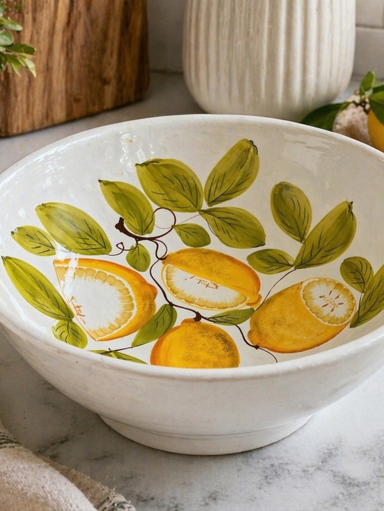 Vintage Other - Vintage Italian Pottery Lemon Bowl Hand Painted Fruit Motif 10”